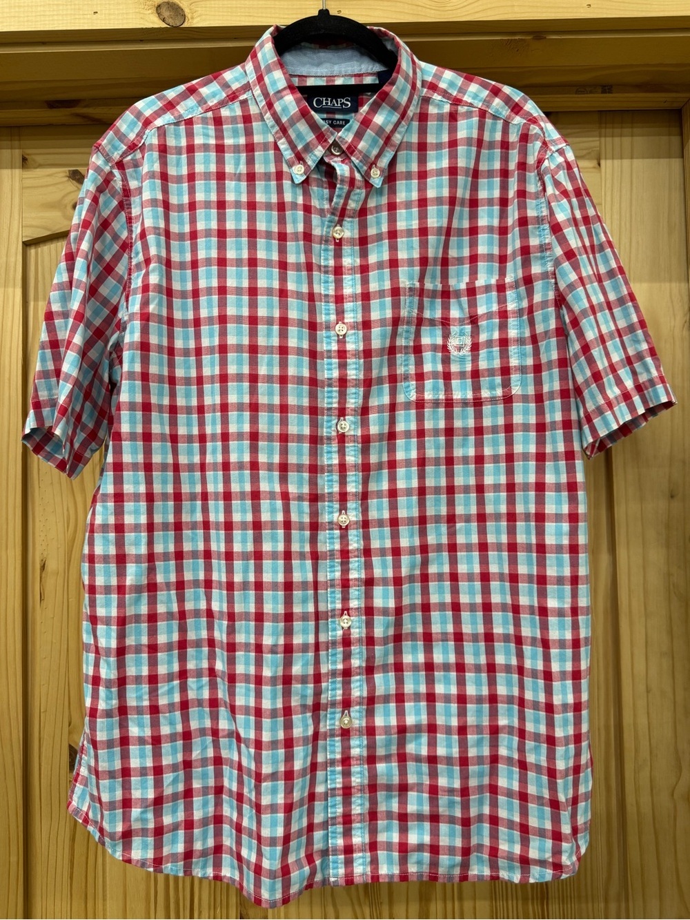 Chaps Mens XL Red Blue Gingham Plaid Short Sleeve Easy Care Button Down Shirt